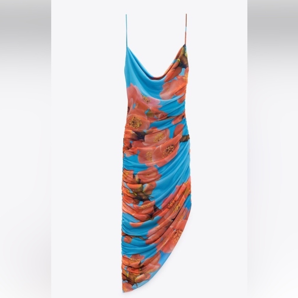 Zara Floral Blue and Orange Draped Mesh Women's Dress